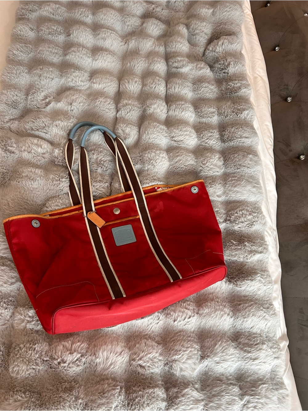 Coach legacy Hamilton Red nylon Tote with Brown Striped Handles